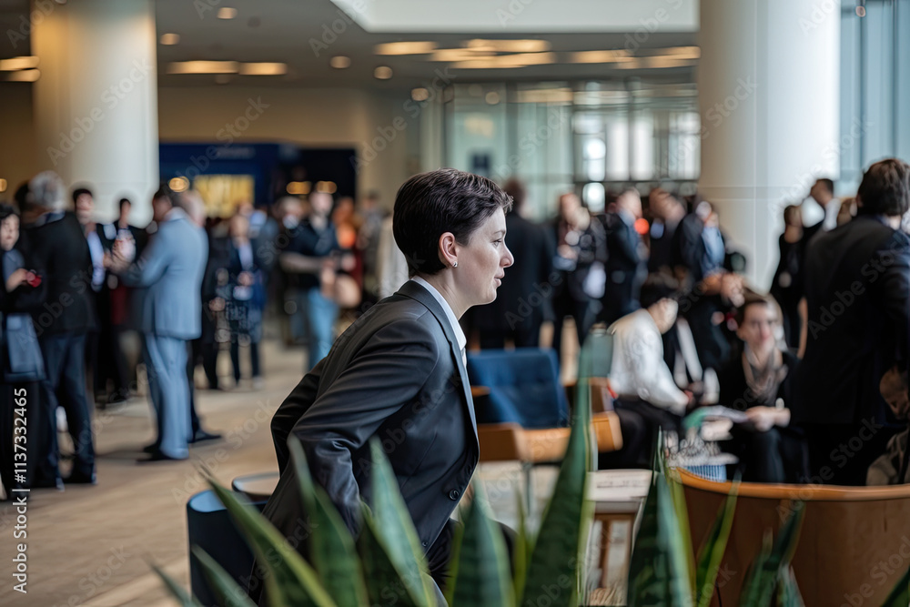 Fototapeta premium Professional rushing between meetings in a bustling corporate lobby