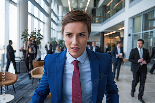 Professional rushing between meetings in a bustling corporate lobby photo