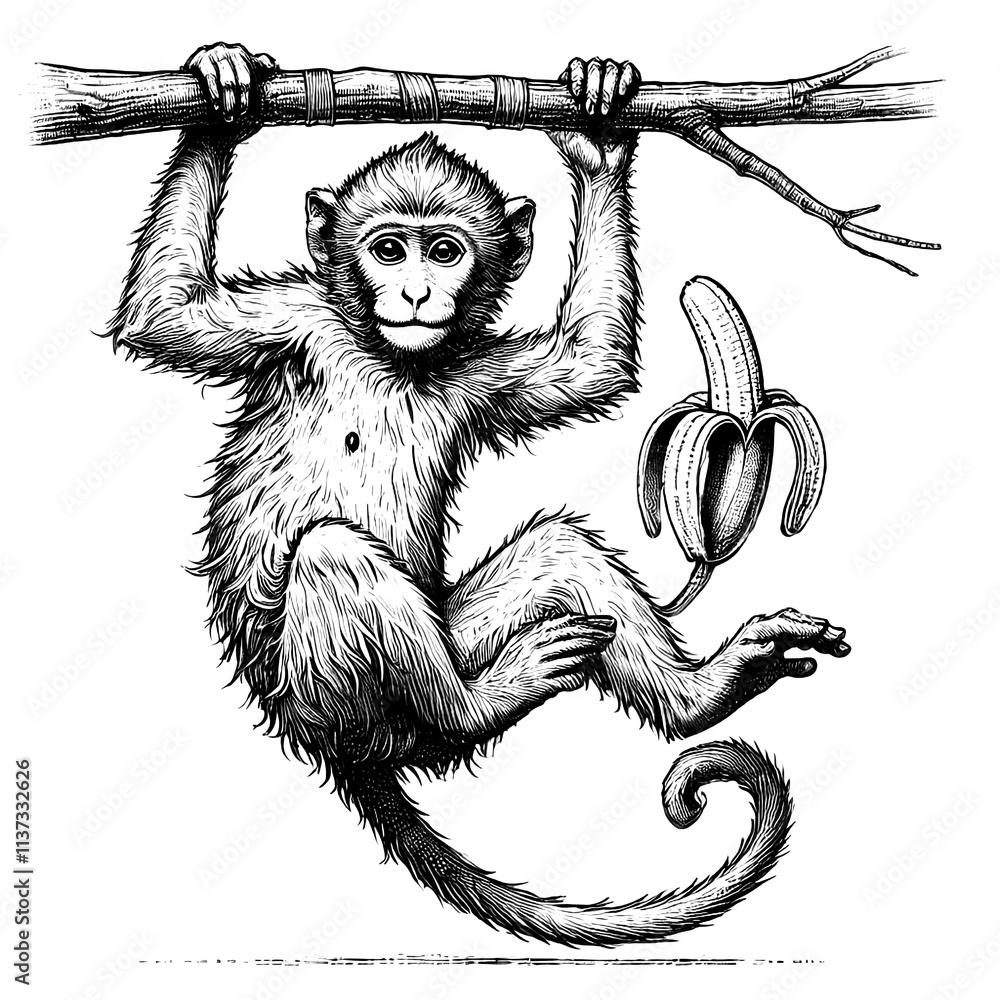 Fototapeta premium A cheeky monkey hanging from a branch, holding a banana, line sketch engraving.