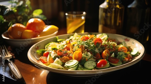 Fresh Salad with Tomatoes, Cucumbers and Herbs in a Rustic Setting