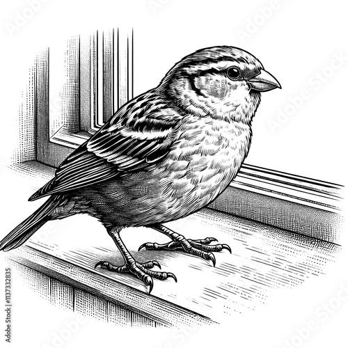 A cheerful sparrow hopping on a windowsill, line sketch engraving.