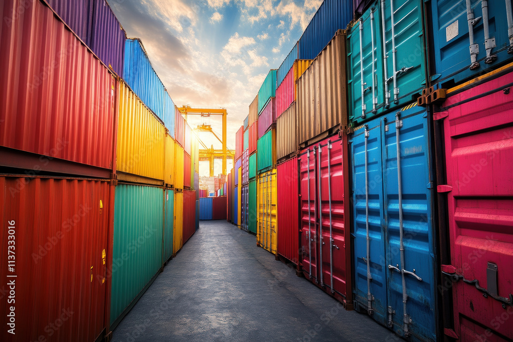 Fototapeta premium Colorful shipping containers stacked high at a busy port, with a crane visible in the background.