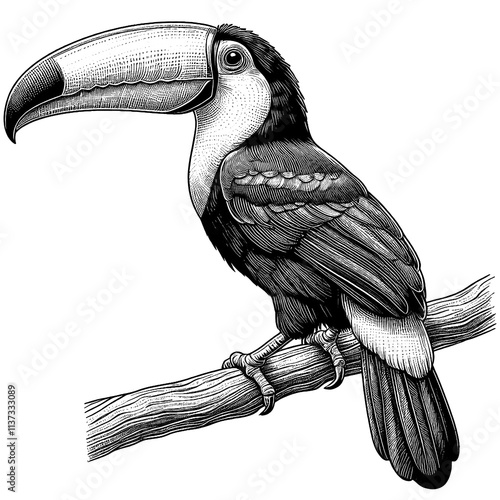 A colorful toucan with a long beak, perched on a branch, line sketch engraving. photo