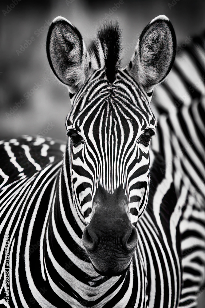 Naklejka premium Zebra black and white portrait, unique wild animal looking at the camera
