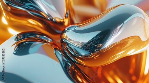 Abstract gold and blue metallic liquid shapes. photo