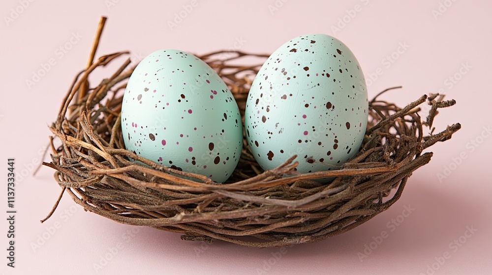 Pastel-colored painted eggs nestled in a charming bird’s nest, set against a soft pink background for Easter celebrations. Pastel-colored painted eggs nestled in a charming bird’s nest, set against a soft pink background for Easter celebrations.