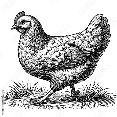 A curious chicken pecking at the ground, line sketch engraving.