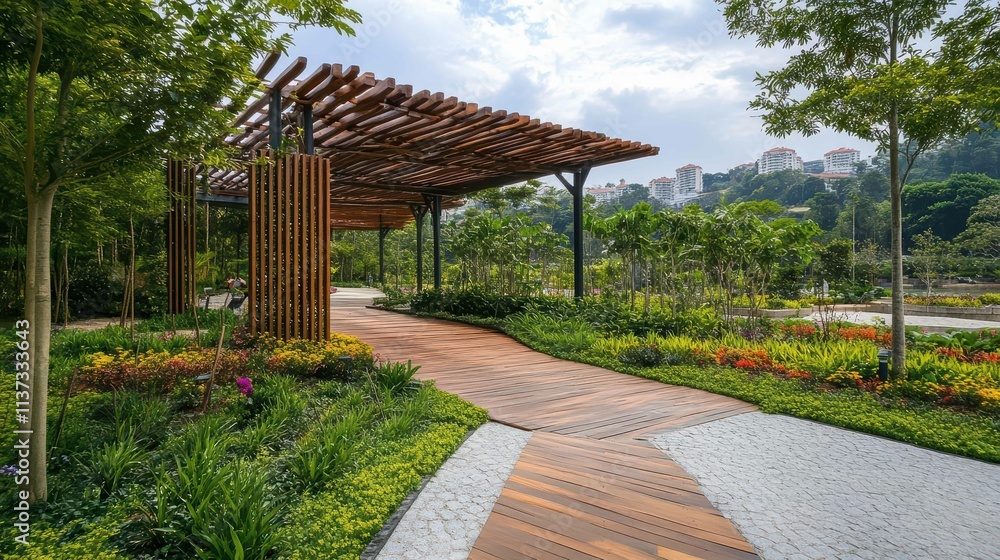 Serene park pathway surrounded by lush greenery and vibrant flowers. Serene park pathway surrounded by lush greenery and vibrant flowers.