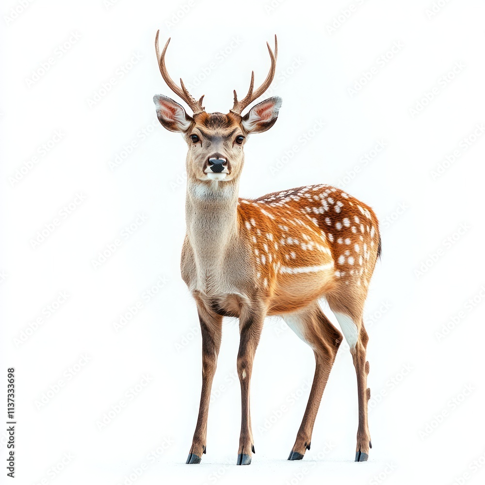 Fototapeta premium Sika deer standing against white background.