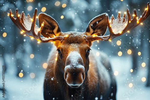 A moose with glowing antlers, decorated with fairy lights in a snowy forest photo