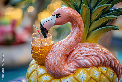 A flamingo in a pool float shaped like a pineapple, sipping a drink through a curly straw photo