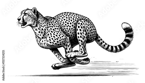 A determined cheetah running at full speed, line sketch engraving. photo