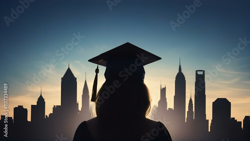 silhouette of a graduate girl standing against a cityscape, symbolizing achievement, success, and future possibilities