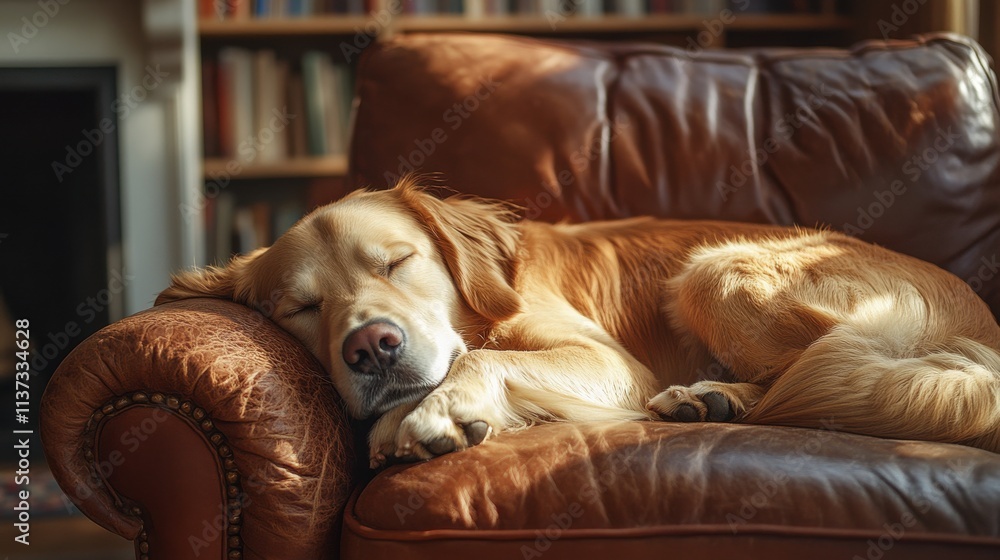 Obraz premium Golden retriever asleep on leather armchair in cozy room