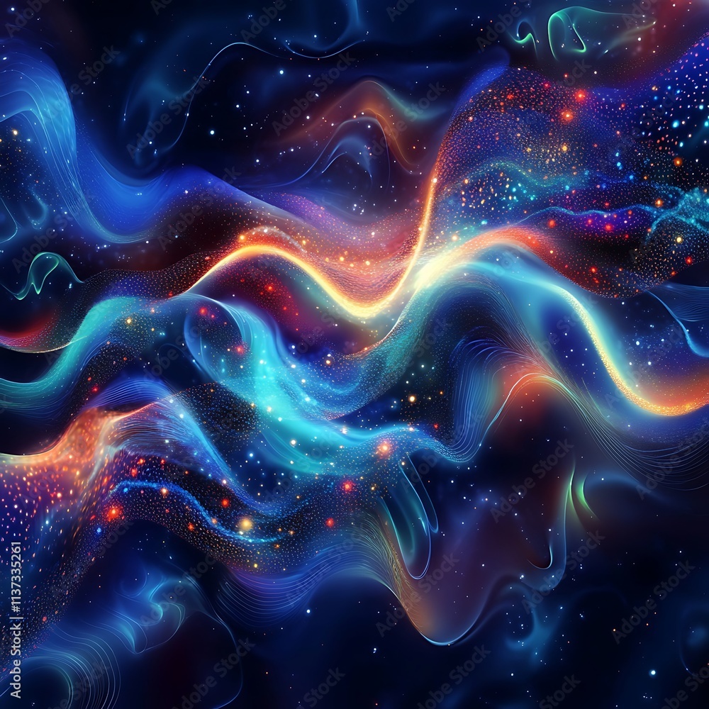 Fototapeta premium Abstract cosmic nebula with vibrant swirling colors and glittering particles.