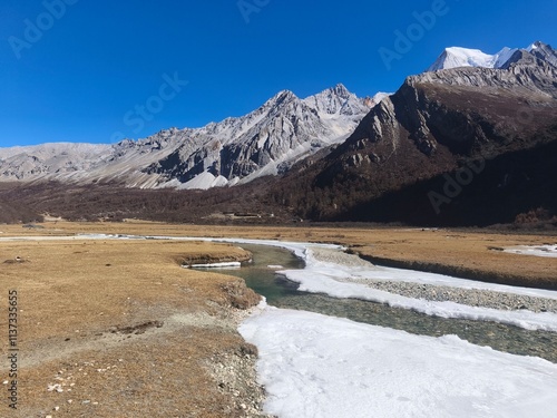 December 2024, Yading national nature reserve, Sichuan, China : Beautiful nature and landscapes such as Snow mountains and meadows. This is top-rated tourist attractions in Sichuan, China