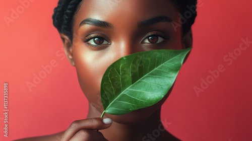 Cape Verdean woman holding green leaf photo