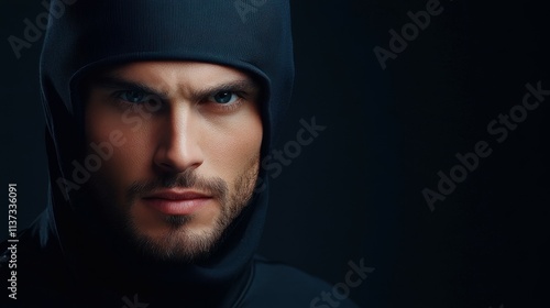 A man with a hooded sweatshirt and a beard photo