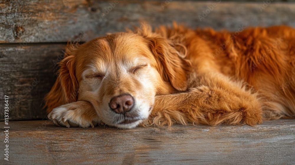 Senior Golden Retriever napping in sunlight on wooden floor Senior Golden Retriever napping in sunlight on wooden floor