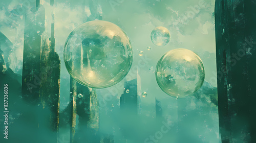 Whimsical bubbles floating in a misty aquamarine dreamscape, digital painting of abstract art concept. Beryl. Illustration photo