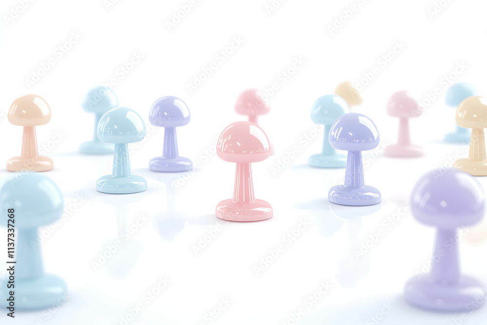 Colorful miniature mushrooms in pastel tones on a soft bright background for creative and whimsical design inspiration Colorful miniature mushrooms in pastel tones on a soft bright background for creative and whimsical design inspiration