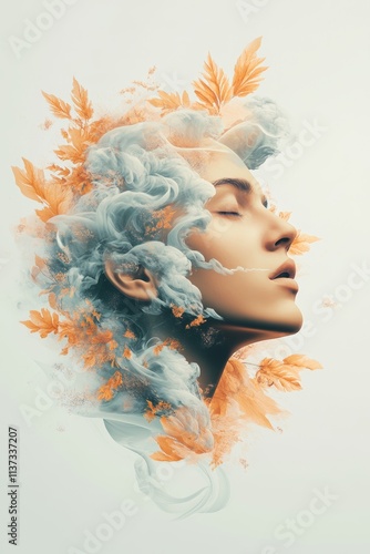 Abstract Portrait of a Woman with Autumn Leaves and Smoke.