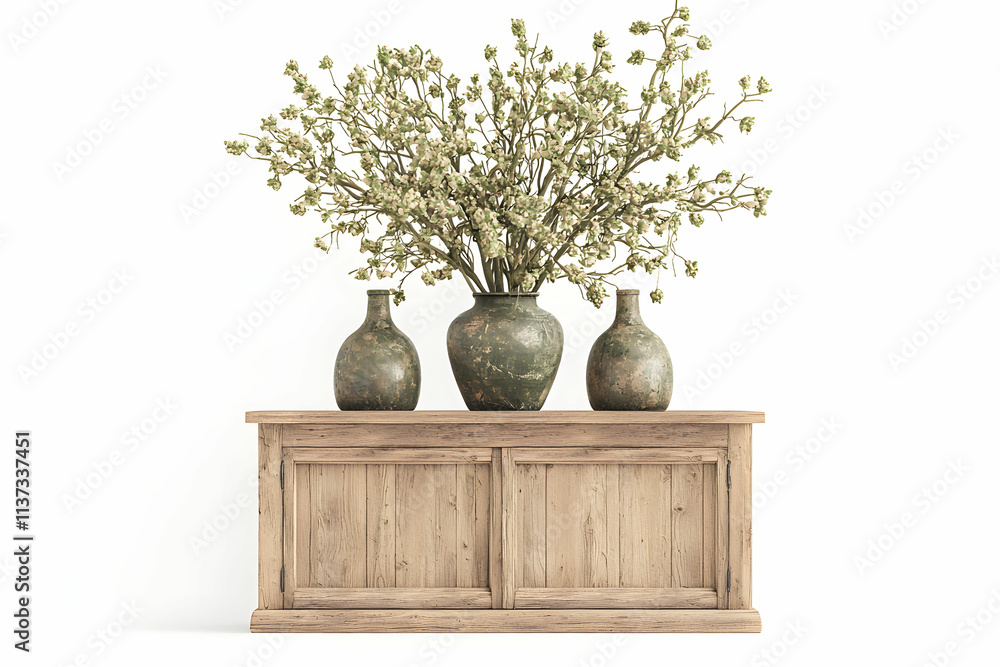 Rustic wooden cabinet with antique vases and floral arrangement against a light background in a minimalist setting. Rustic wooden cabinet with antique vases and floral arrangement against a light background in a minimalist setting.