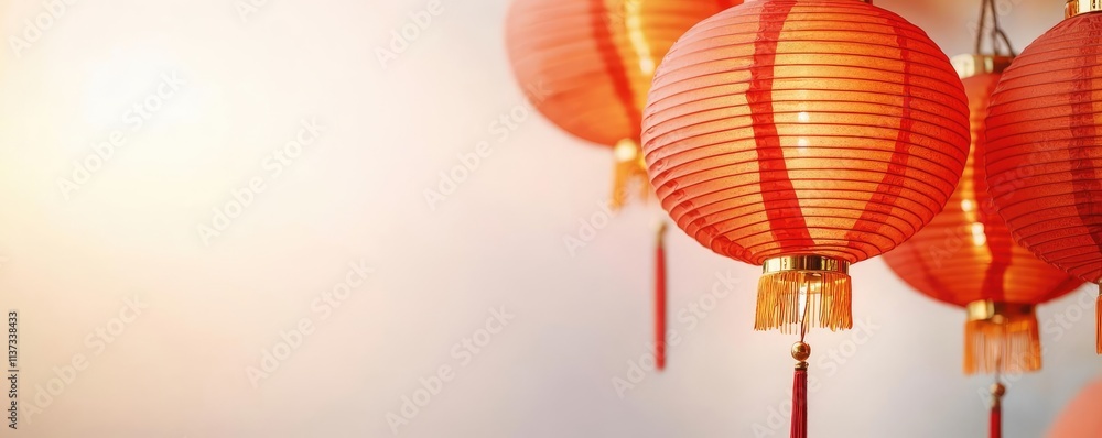 Obraz premium Chinese lanterns concept. Beautiful red lanterns hanging delicately, symbolizing celebration and tradition.