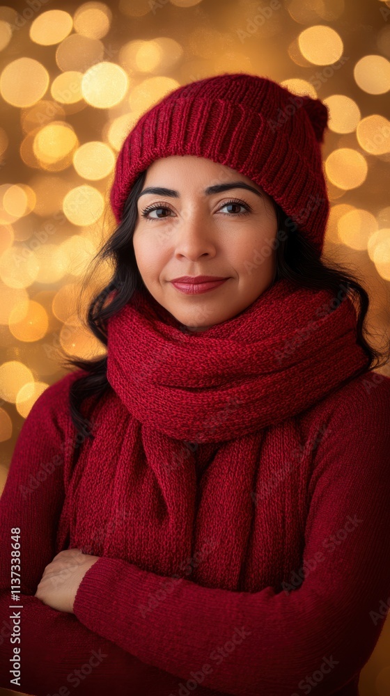 Portrait of a Latina woman in a cozy red scarf and matching hat, standing with her arms crossed, with a soft golden glow studio backdrop, Christmas warmth, holiday cheer, winter vibes, copy space Portrait of a Latina woman in a cozy red scarf and matching hat, standing with her arms crossed, with a soft golden glow studio backdrop, Christmas warmth, holiday cheer, winter vibes, copy space