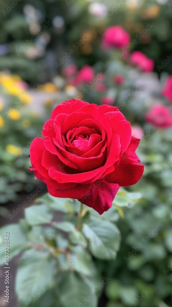 A vibrant red rose blooming amidst a colorful garden backdrop. A vibrant red rose blooming amidst a colorful garden backdrop.