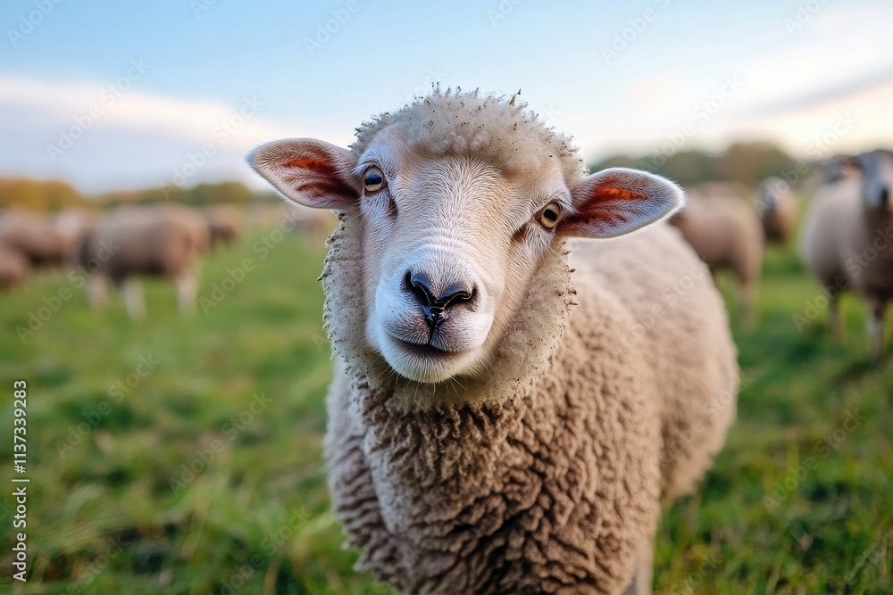 Fototapeta premium Close-up of a fluffy sheep in a field. Perfect for agricultural, farming, or nature themes.