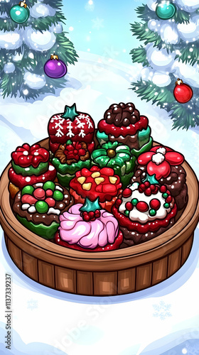 Festive Christmas cupcakes in a wooden bowl on snow. photo