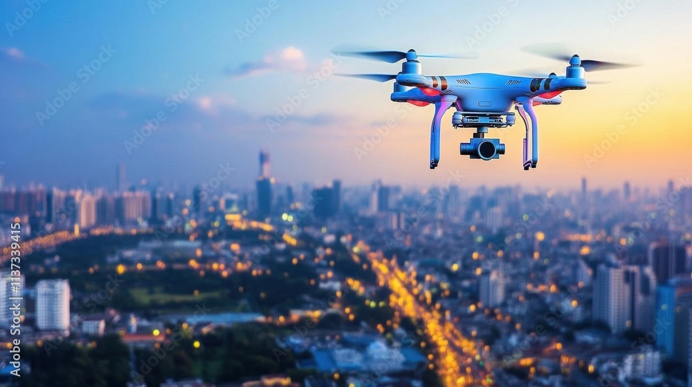 A drone flying over a cityscape at sunset, capturing aerial views. A drone flying over a cityscape at sunset, capturing aerial views.