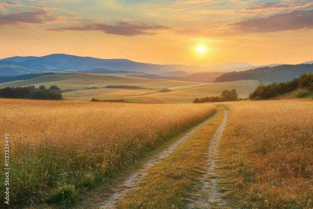 Fototapeta premium Serene sunset over golden fields with a winding dirt path.
