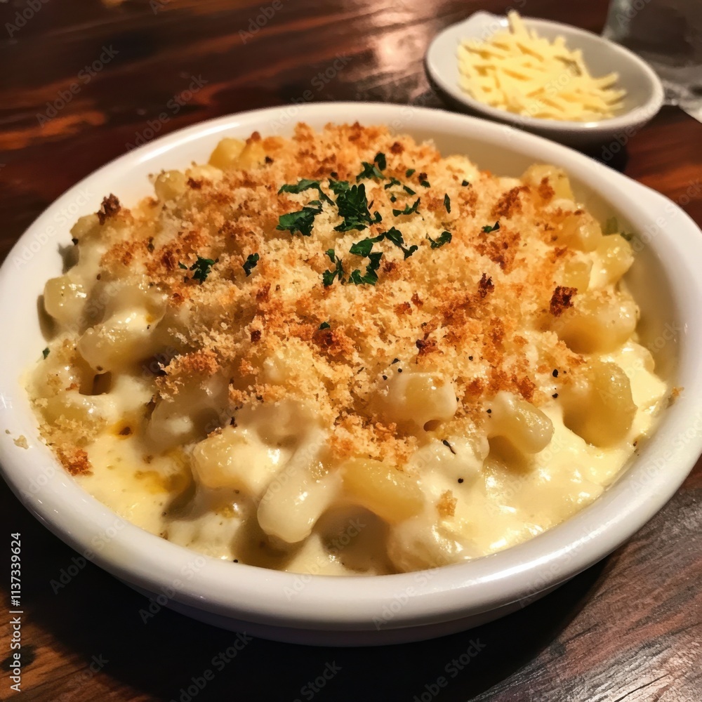 A plate of creamy mac and cheese with a crispy breadcrumb topping and a sprinkle of fresh herbs, served in a white ceramic dish, Mac and cheese centered A plate of creamy mac and cheese with a crispy breadcrumb topping and a sprinkle of fresh herbs, served in a white ceramic dish, Mac and cheese centered