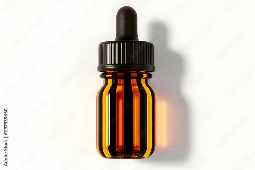 Amber glass dropper bottle with black lid, isolated on a light background, suitable for essential oils or liquid products Amber glass dropper bottle with black lid, isolated on a light background, suitable for essential oils or liquid products