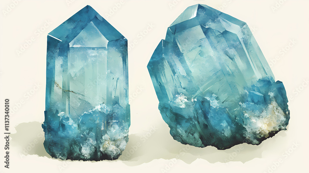 Fototapeta premium Rough aquamarine crystal with plain background. Beryl. Illustration