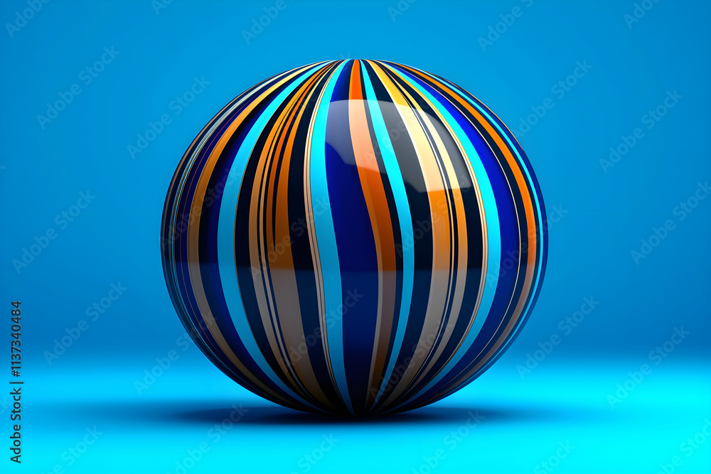 Colorful striped sphere with glossy surface on blue background showcasing vibrant patterns and intricate design elements Colorful striped sphere with glossy surface on blue background showcasing vibrant patterns and intricate design elements
