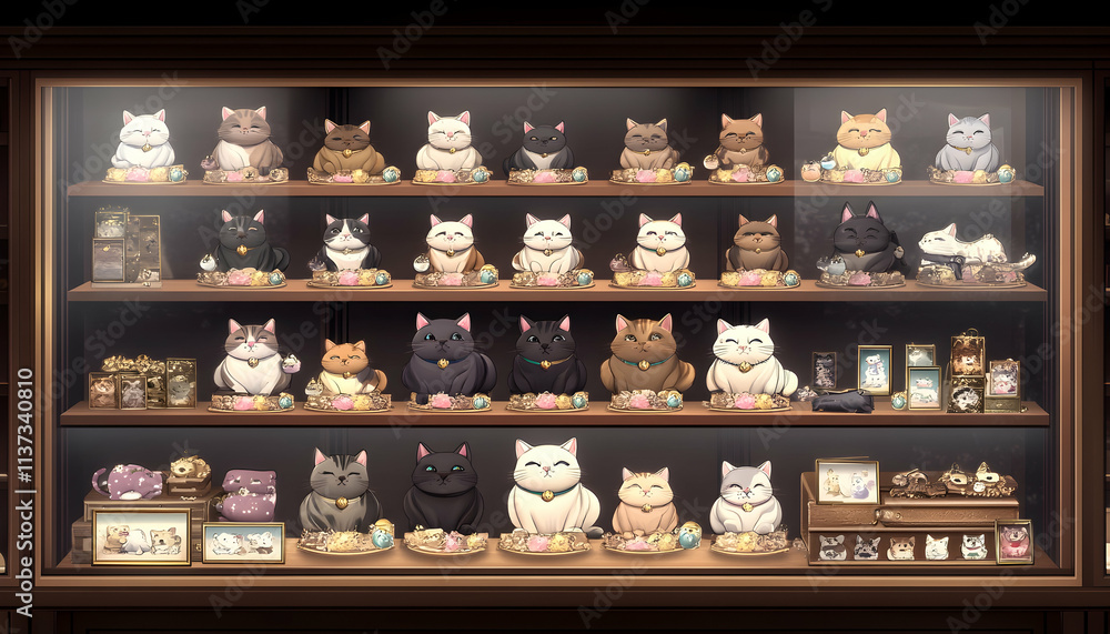 Glass display cabinet showcasing a collection of adorable cat figurines in various colors and poses. Glass display cabinet showcasing a collection of adorable cat figurines in various colors and poses.