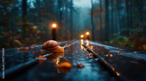 A Snail's Journey Through an Enchanting Autumnal Forest: A Nocturnal Scene with Glimmering Lights and Wet Wooden Path