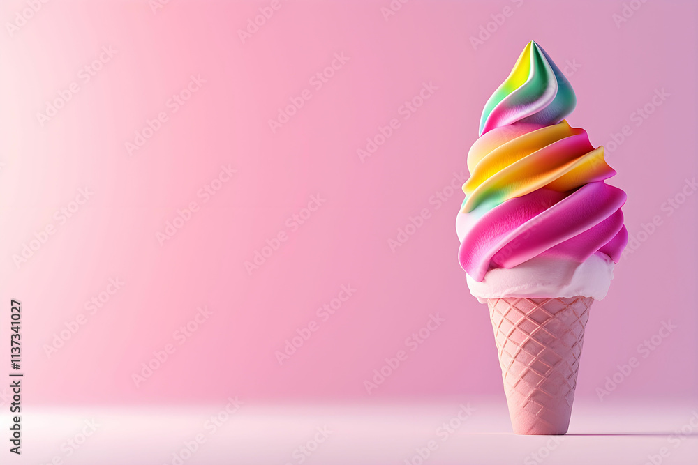 Colorful Swirl Ice Cream Cone with Bright Toppings Against a Soft Pink Background Colorful Swirl Ice Cream Cone with Bright Toppings Against a Soft Pink Background