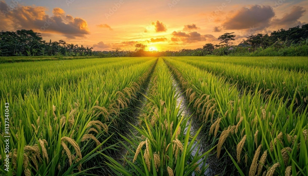 Lush rice field at sunset with vibrant colors and serene atmosphere. Lush rice field at sunset with vibrant colors and serene atmosphere.