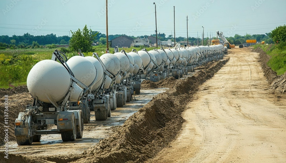 A line of concrete mixers on a construction site preparing for pouring. A line of concrete mixers on a construction site preparing for pouring.