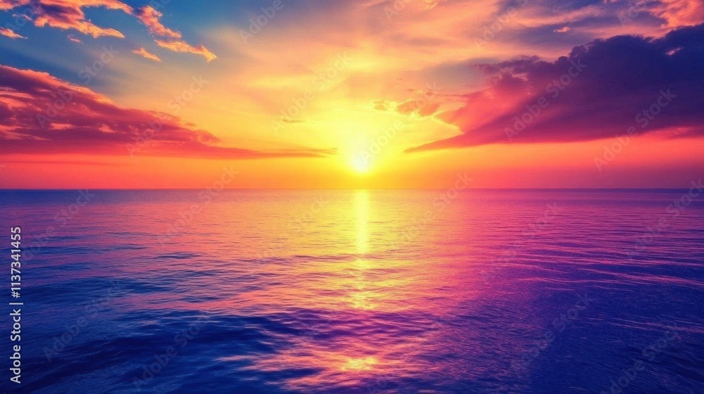 Obraz premium A vibrant sunset over calm ocean waters, showcasing nature's beauty.