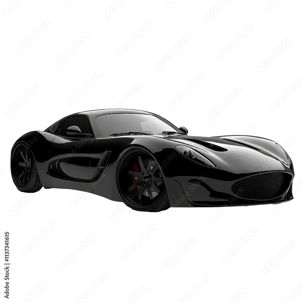Sleek black sports car showcased in minimalist indoor setting with dramatic lighting, sports car
