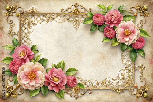 Vintage style floral background with pink and white roses and ornate gold border.Aged Victorian simle frame for romantic or greeting cards. photo