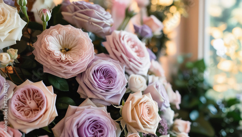 A close-up of a stunning rose arrangement on display, featuring rare and hybrid roses in intricate patterns.