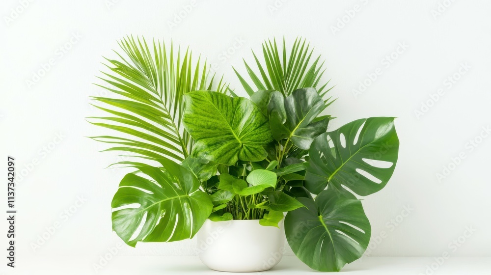 A white pot with a variety of green plants, including a large leafy plant A white pot with a variety of green plants, including a large leafy plant