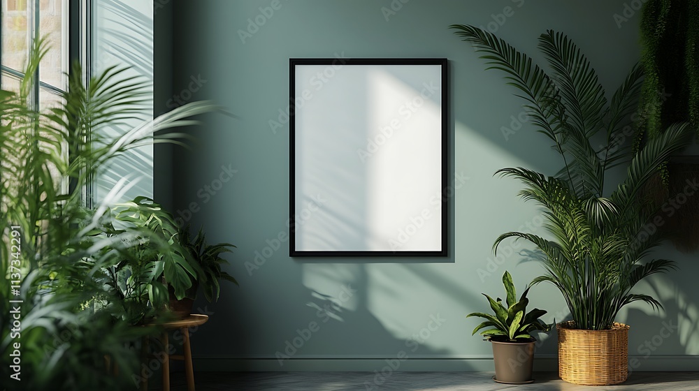 Minimalist black frame on a grey wall, muted color palette, clean lines, and Scandinavian-inspired decor with potted plants Minimalist black frame on a grey wall, muted color palette, clean lines, and Scandinavian-inspired decor with potted plants