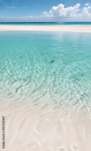 Clear turquoise water gently lapping on white sandy beach, background, white, clear